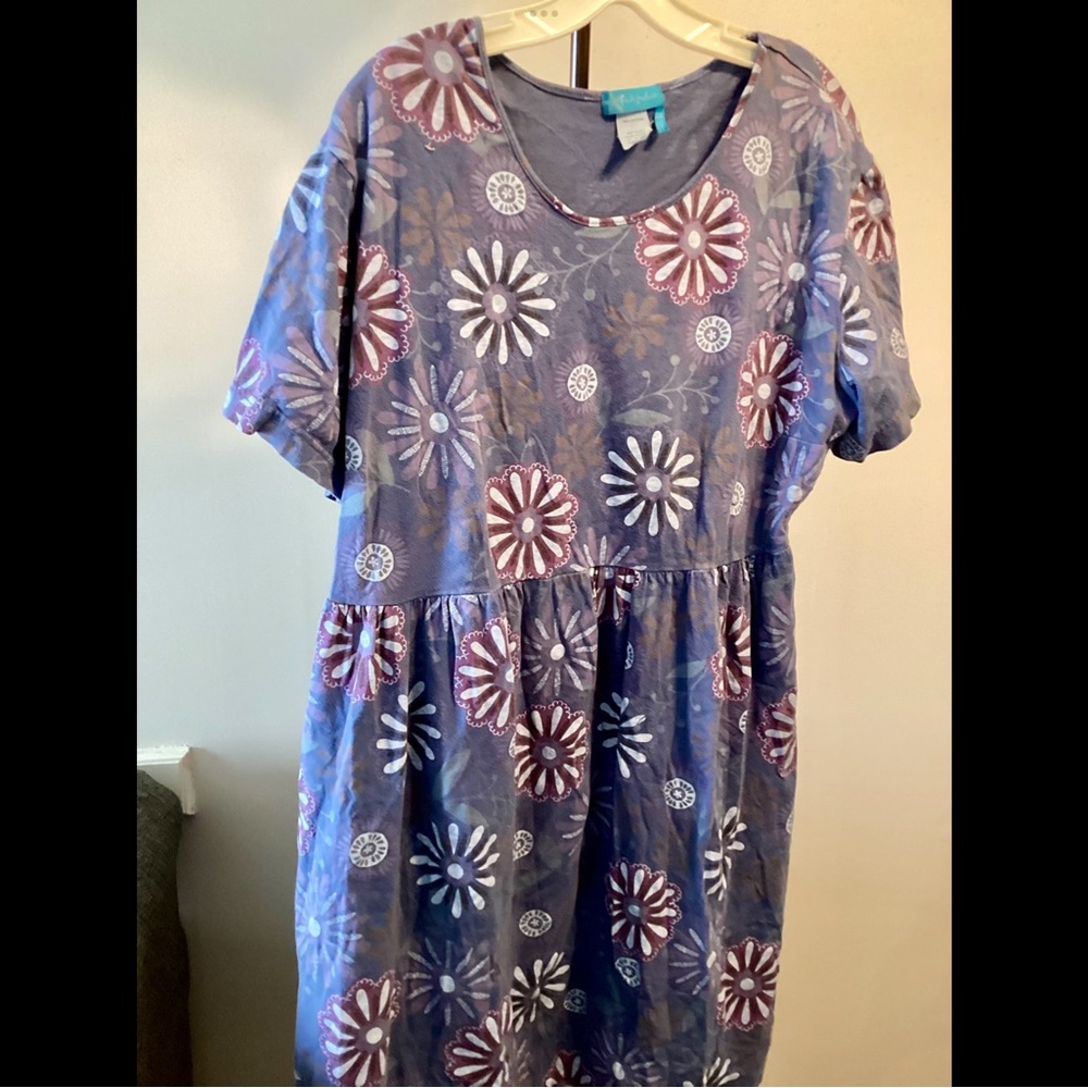 2X Fresh Produce Gray Blue Bright Daisy Cheerful Floral Tee Shirt Dress Stretch